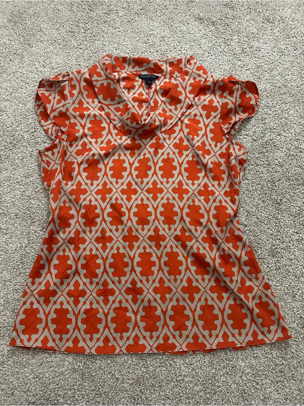 Banana Republic Cowl Neck Blouse | Orange & Tan Geometric Print | Size M - Picture 2 of 7